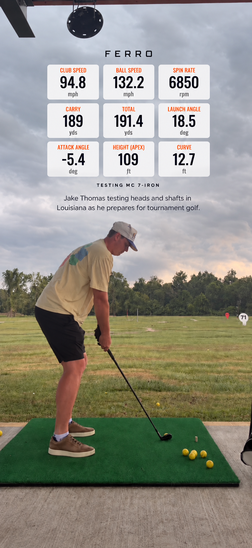 Jake Thomas testing a Ferro MC 7-iron outdoors in Louisiana, with player-reported launch-monitor results